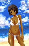  bad_id bad_pixiv_id beach bikini black_hair breasts brown_eyes cleavage cloud covered_nipples dark_skin day highres large_breasts long_hair ocean original outdoors side-tie_bikini sky solo swimsuit tan urban_(artist) water 