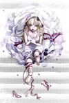  bad_id bad_pixiv_id blonde_hair doll doll_joints dress flower from_above hachiro_(delaglace) high_heels lips lipstick long_hair makeup original ribbon rose shoes solo traditional_media veil watercolor_(medium) white_dress 