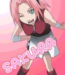  ;d arm_warmers bending bike_shorts black_shorts feet_out_of_frame forehead_protector green_eyes hand_on_hip haruno_sakura leaning_forward looking_at_viewer lowres miniskirt nail_polish naruto_(series) naruto_shippuuden ninja one_eye_closed open_mouth pink_background pink_hair pomeranianko short_hair shorts shorts_under_skirt simple_background skirt smile solo standing unzipped white_skirt 