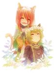  :&lt; animal_ears blush cat_ears cat_tail closed_eyes fangs flower green_hair konoe lamento male_focus multiple_boys multiple_girls open_mouth red_hair shui_(lamento) tail zhuo_mi 