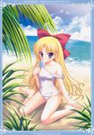  absurdres barefoot beach bird blonde_hair blush border bow cloud day feet flat_chest food hair_bow hands_on_feet highres ice_cream long_hair nanami_ayane non-web_source ocean one-piece_swimsuit outdoors plant popsicle purple_eyes sakuraba_tamaki school_swimsuit seagull sitting sky solo strap_slip swimsuit very_long_hair wariza water white_school_swimsuit white_swimsuit yuugen-gaisha_cobolt_shiritsu_tanteisha 