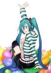  aqua_eyes aqua_hair hatsune_miku headphones jacket long_hair looking_back sitting smile solo striped thighhighs tsugai twintails very_long_hair vocaloid 