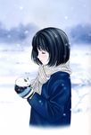  absurdres black_hair closed_eyes highres kobayashi_hiyoko mittens non-web_source official_art oku-sama_wa_joshi_kousei onohara_asami scarf short_hair snow snow_bunny solo 
