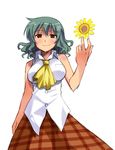  anger_vein ascot bad_id bad_pixiv_id bare_shoulders breasts dress_shirt flower green_hair kazami_yuuka large_breasts plaid plaid_skirt red_eyes shirt short_hair simple_background skirt sleeveless sleeveless_shirt smile solo sunflower touhou umekichi untucked white_background 