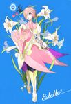  artist_request blue_background blue_eyes boots character_name estellise_sidos_heurassein flower knee_boots lily_(flower) pink_hair rapier shield short_hair solo sword tales_of_(series) tales_of_vesperia weapon 