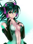  breasts bridal_gauntlets elbow_gloves gloves green_eyes green_hair hatsune_miku hatsune_miku_(append) huruhoshi medium_breasts smile solo unzipped vocaloid vocaloid_append 