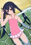  beach black_hair blush brown_eyes casual_one-piece_swimsuit day errant flat_chest from_above hand_in_hair highres k-on! long_hair lying nakano_azusa ocean on_back one-piece_swimsuit outdoors pink_swimsuit smile solo swimsuit twintails water wet 