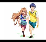  1girl aisaka_taiga bad_id bad_pixiv_id blue_hair brown_eyes brown_hair error long_hair relay_baton relay_race running sanada_haiji short_hair takasu_ryuuji toradora! 