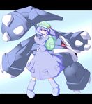  backpack bag blue_eyes blue_hair boots crossover gen_3_pokemon hair_bobbles hair_ornament hat kawashiro_nitori metagross miyo_(miyomiyo01) poke_ball pokemon pokemon_(creature) red_eyes touhou two_side_up 