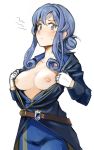  1girl areolae bangs blue_eyes blue_hair blush breasts breasts_outside closed_mouth commentary_request eyebrows_visible_through_hair flashing gloves gotland_(kantai_collection) hair_between_eyes hair_bun kantai_collection long_hair long_sleeves looking_at_viewer medium_breasts military military_uniform mole mole_under_eye nipples open_clothes sailor_collar sakura_(medilore) simple_background skirt solo sweat sweatdrop tears uniform white_background white_gloves 