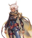  1girl absurdres animal_ears bangs belt black_bodysuit blush bodysuit breasts buttons cape cat_ears cat_girl cat_tail closed_mouth commentary_request cosplay dark_skin facial_mark final_fantasy final_fantasy_xiv granblue_fantasy haimerejzero highres ilsa_(granblue_fantasy) ilsa_(granblue_fantasy)_(cosplay) lips long_sleeves looking_at_viewer medium_breasts miqo&#039;te shiny shiny_hair short_hair signature silver_hair simple_background skin_tight tail torn_clothes turtleneck white_background y&#039;shtola_rhul 