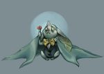  bow bowtie buttons clouded-3d commentary empty_eyes english_commentary fangs flower full_body grey_background holding holding_flower korbat neopets no_humans pants short_sleeves signature simple_background sitting solo zombie 