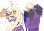  1boy 1girl ahoge cat cellphone fur_trim genderswap genderswap_(mtf) highres irakunoikura krizalid long_hair original_zero parfait phone shoulder_pads smartphone taking_picture the_king_of_fighters very_long_hair white_hair 