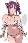  1girl animal_ears animal_print bangs bell bikini breasts cleavage clenched_hands collar collarbone commentary_request cow_bell cow_ears cow_horns cow_print cow_tail elbow_gloves fingerless_gloves gloves groin horns kazuno_sarah large_breasts looking_at_viewer love_live! love_live!_sunshine!! navel open_mouth print_bikini print_gloves purple_eyes purple_hair red_collar side_ponytail sidelocks simple_background solo swimsuit tail turkey_min white_background 
