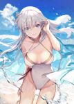  1girl :d anastasia_(fate/grand_order) bangs bare_shoulders beach blue_cape blue_eyes blue_sky blush breasts cape cloud collarbone commentary_request cowboy_shot day eyebrows_visible_through_hair fate/grand_order fate_(series) floating_hair groin hair_between_eyes hair_over_one_eye hair_tucking hairband leaning_forward long_hair looking_at_viewer medium_breasts ocean one-piece_swimsuit open_mouth outdoors revision ritsuki sand signature silver_hair sky smile solo swimsuit very_long_hair wet white_swimsuit wind 