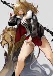  1girl 55level animal_ears arknights black_jacket blonde_hair breasts candy cleavage food food_in_mouth from_below fur-trimmed_jacket fur_trim hand_up highres holding holding_weapon jacket lion lollipop long_hair long_sleeves looking_at_viewer mouth_hold shorts siege_(arknights) simple_background solo standing tank_top thighs weapon white_tank_top zipper 
