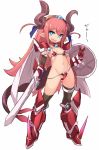  1girl armor bikini_armor black_legwear blue_eyes breasts cape commentary_request curled_horns elizabeth_bathory_(brave)_(fate) elizabeth_bathory_(fate)_(all) eyebrows_visible_through_hair fate/grand_order fate_(series) full_body highres holding holding_sword holding_weapon horns karukan_(monjya) long_hair looking_at_viewer navel open_mouth pointy_ears red_hair shield simple_background small_breasts smile standing sword tail thighhighs v weapon white_background white_cape 