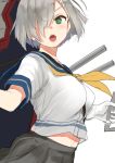  1girl azuse_neko bangs between_breasts blush breasts gloves green_eyes grey_skirt hair_ornament hair_over_one_eye hairclip hamakaze_(kantai_collection) kantai_collection large_breasts navel open_mouth rigging sailor_collar school_uniform serafuku short_hair short_sleeves silver_hair simple_background skirt solo strap strap_between_breasts white_background white_gloves yellow_neckwear 