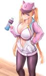  1girl absurdres adella_(some_some_convenience_store) animal_hat bare_shoulders baseball_cap blonde_hair blush bottle breasts breath cleavage commentary_request curvy drink gbsn hair_ornament hair_scrunchie hand_on_hip hat highres holding holding_bottle hood hooded_jacket huge_breasts jacket korean_commentary long_hair looking_at_viewer multicolored_hair navel nose_blush open_clothes open_jacket open_mouth pantyhose purple_eyes revision scrunchie solo some_some_convenience_store sports_drink standing star star_hair_ornament stomach streaked_hair sweat talesshop unzipped very_long_hair white_bikini_top wooden_floor zipper zipper_pull_tab 