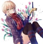  1girl :t artoria_pendragon_(all) bangs black-framed_eyewear blonde_hair blue_footwear blue_jacket blue_shirt blue_skirt blush boots brown_eyes brown_legwear closed_mouth commentary_request dango eating excalibur eyebrows_visible_through_hair fate/grand_order fate_(series) feet_out_of_frame fingernails flower food fringe_trim glasses hair_between_eyes holding holding_food jacket knee_boots knees_up kuro_futoshi long_sleeves looking_at_viewer mysterious_heroine_x_(alter) open_clothes open_jacket plaid plaid_scarf pleated_skirt red_flower red_scarf revision sanshoku_dango scarf shirt sidelocks skirt solo thighhighs thighhighs_under_boots wagashi white_background 