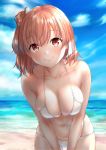  1girl bare_shoulders bikini blush breasts brown_hair cleavage collarbone commentary_request day hair_bun highres large_breasts looking_at_viewer meri-san navel outdoors pink_hair red_hair short_hair side_bun smile solo swimsuit white_bikini white_bikini_bottom white_bikini_top yahari_ore_no_seishun_lovecome_wa_machigatteiru. yuigahama_yui 