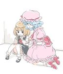  2girls ascot bangs black_eyes black_footwear blonde_hair blue_hair blunt_bangs blush_stickers eating food frilled_hat frilled_legwear frilled_sleeves frills from_side hat high_heels holding holding_food kneeling knees_together_feet_apart knees_up light_blue_hair long_sleeves looking_at_another mary_janes mitsumoto_jouji mob_cap multiple_girls napkin no_wings onigiri pink_headwear profile puffy_short_sleeves puffy_sleeves red_neckwear remilia_scarlet rumia shoe_soles shoes short_hair short_sleeves sitting smile socks touhou wavy_hair white_background white_legwear 