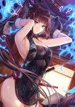  1girl armpits arms_up bangs bare_shoulders black_dress blue_eyes blue_fire blunt_bangs blush breasts china_dress chinese_clothes cleavage closed_mouth covered_navel detached_sleeves dress fate/grand_order fate_(series) fire flute hair_ornament highres instrument kim_eb large_breasts leaf_hair_ornament long_hair looking_at_viewer purple_hair revision smile solo thighs twintails very_long_hair yang_guifei_(fate/grand_order) 