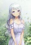  1girl blurry blurry_background closed_mouth collarbone commentary_request day depth_of_field dress highres leaves_in_wind long_hair looking_at_viewer lunacle original outdoors purple_eyes shoulder_cutout silver_hair smile solo upper_body v_arms very_long_hair white_dress 