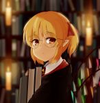  1girl aldaris alternate_costume bangs bespectacled blonde_hair blurry book bookshelf candle cloak collared_shirt commentary_request crystal depth_of_field flandre_scarlet glasses harry_potter highres hogwarts_school_uniform holding holding_book library long_sleeves looking_at_viewer necktie no_hat no_headwear orange_eyes pointy_ears red_ribbon ribbon round_eyewear school_uniform shirt short_hair side_ponytail solo striped striped_neckwear touhou white_shirt wings 