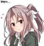  1girl alternate_costume green_jacket high_ponytail hood hooded_sweater hoodie jacket kantai_collection light_brown_hair long_hair looking_at_viewer meguru_(megurunn) ponytail simple_background smile solo sweater twitter_username upper_body white_background white_sweater zuihou_(kantai_collection) 