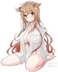  1girl blush breasts brown_eyes gradient_hair hair_between_eyes hair_ribbon heterochromia kantai_collection light_brown_hair long_hair long_sleeves looking_at_viewer multicolored_hair murasame_(kantai_collection) naked_shirt red_eyes ribbon shirt simple_background sitting smile solo twintails u0709 white_background 