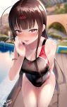  1girl ahoge alternate_costume artist_logo bangs black_swimsuit blunt_bangs blurry breasts brown_hair cleavage commentary_request competition_swimsuit cowboy_shot day depth_of_field dsr-50_(girls_frontline) girls_frontline highres large_breasts leaning_forward long_hair looking_at_viewer one-piece_swimsuit outdoors pool poolside red_eyes shirosaba sidelocks smile solo swimsuit wet wet_clothes wet_swimsuit 