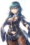  1girl absurdres armor armored_dress belt black_legwear blue_eyes blue_hair breasts byleth_(fire_emblem) byleth_(fire_emblem)_(female) dagger detached_collar eyebrows_visible_through_hair fire_emblem fire_emblem:_three_houses hand_on_hip highres jacket jacket_on_shoulders large_breasts long_hair looking_at_viewer midriff navel open_mouth pantyhose samoore short_shorts shorts simple_background smile solo vambraces weapon white_background 