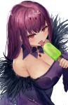  1girl absurdres bangs breasts cleavage dress eating fate/grand_order fate_(series) feather_trim food from_above fur-trimmed_dress fur_trim hair_between_eyes headpiece highres holding holding_food hoshibudou large_breasts popsicle purple_dress purple_ribbon red_eyes ribbon scathach_(fate)_(all) scathach_skadi_(fate/grand_order) simple_background solo tiara tongue white_background 