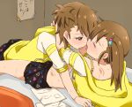  2girls black_skirt blush brown_hair closed_eyes ear_blush futami_ami futami_mami girl_on_top hair_ornament idolmaster idolmaster_(classic) incest looking_at_another lying miiii multiple_girls on_back purple_eyes raglan_sleeves saliva saliva_trail short_hair siblings side_ponytail sisters skirt star star_hair_ornament sweat tongue tongue_out twincest twins yuri 