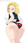  1girl android_18 artist_name ass black_panties blonde_hair blue_eyes blush breasts dragon_ball dragon_ball_z earrings heart highres jacket jewelry jinu_(jinusenpai) large_breasts looking_back panties patreon_username pout red_ribbon_army short_hair short_sleeves solo thick_thighs thighs underwear 