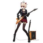  1girl alternate_costume amplifier animal animal_on_head aviator_sunglasses bangs black_footwear black_gloves black_jacket blonde_hair boots breasts brown_legwear brown_shirt cable chilunchilun clothes_writing collarbone demon_horns earrings electric_guitar full_body garter_straps girls_frontline gloves guitar gun holding holding_instrument horns instrument jacket jewelry leather leather_jacket looking_away m1897_(girls_frontline) multiple_earrings official_art on_head open_clothes open_jacket plaid plaid_skirt platform_boots punk red_skirt rocker-chic shirt short_hair shotgun shoulder_spikes sidelocks skirt small_breasts solo spikes stud_earrings studded_choker studded_footwear studded_gloves studded_jacket studded_strap sunglasses thigh_strap thighhighs transparent_background weapon winchester_model_1897 