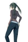  1girl absurdres alternate_costume casual contemporary dark_green_hair denim eyebrows_visible_through_hair highres jeans kantai_collection long_hair pants shirt simple_background sketch solo standing t.k.o twintails white_background zuikaku_(kantai_collection) 