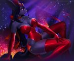  2020 anthro big_breasts black_hair breasts chiropteran clothed clothing colored costume digital_media_(artwork) female glistening hair horn huge_breasts landysh mammal pink_eyes red_clothed rubber rubber_suit solo vlooking_at_viewer wings 