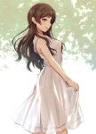  1girl black_rabbit brown_hair dress floating_hair from_side highres idolmaster idolmaster_million_live! kitazawa_shiho long_hair looking_at_viewer open_mouth see-through_silhouette shiny shiny_hair sleeveless sleeveless_dress solo sundress white_background white_dress yellow_eyes 