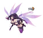  1girl absurdres bangs bare_shoulders benghuai_xueyuan black_hair breasts character_name cheeky_little_star cleavage copyright_name dated elbow_gloves expressionless floating_hair full_body gloves highres honkai_(series) honkai_impact_3rd horns logo long_hair looking_at_viewer medium_breasts ponytail purple_eyes purple_hair purple_legwear purple_theme purple_wings raiden_mei revealing_clothes simple_background single_thighhigh solo thighhighs very_long_hair white_background wings 