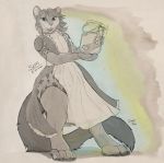  2019 4_fingers 4_toes anthro apron barefoot biped cheek_tuft claws clothed clothing digital_drawing_(artwork) digital_media_(artwork) digitigrade english_text facial_tuft felid fingers fluffy fluffy_tail food front_view fur girly grey_background grey_body grey_fur greyscale hair hi_res holding_object inner_ear_fluff jar long_tail looking_at_viewer male mammal monochrome nikkyvix open_mouth open_smile pantherine paws sarki_(character) short_hair signature simple_background smile snow_leopard solo spots spotted_body spotted_fur standing tail_tuft text three-quarter_view toes tuft whiskers white_body white_fur 