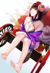  1girl azur_lane bangs bare_shoulders barefoot breasts brown_hair cleavage collarbone commentary_request curled_horns dutch_angle eyebrows_visible_through_hair feet flower full_body hair_flower hair_ornament highres horns japanese_clothes kimono kouase long_hair open_mouth purple_eyes revision rickshaw sitting_on_bench smile soles suruga_(azur_lane) toes 
