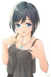  1girl black_hair blue_eyes breasts casual cleavage commentary_request gogo_(detteiu_de) highres kingdom_hearts kingdom_hearts_358/2_days looking_at_viewer open_mouth short_hair simple_background smile solo white_background xion_(kingdom_hearts) 