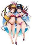  2girls ahoge anklet armpits artist_logo ass_visible_through_thighs azur_lane bare_legs bare_shoulders beach_umbrella bikini black_hair blue_jacket breasts brown_hair bun_cover character_name choker cleavage closed_mouth double_bun english_text full_body fur-trimmed_jacket fur_trim goggles goggles_on_head grin hair_rings highres jacket jewelry looking_at_viewer manjuu_(azur_lane) medium_breasts midriff multiple_girls navel ning_hai_(azur_lane) ning_hai_(summer_hunger)_(azur_lane) ocean off-shoulder_jacket panda patreon_username ping_hai_(azur_lane) ping_hai_(merry_summer)_(azur_lane) purple_bikini purple_eyes red_bikini red_eyes sandals short_hair_with_long_locks simple_background small_breasts smile standing swimsuit thigh_gap twintails umbrella visor_cap water_gun white_background yellow_headwear yellow_jacket zasshu 