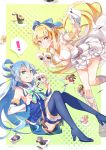  ! &gt;:) 2girls absurdres adenela_(kono_yuusha_ga_ore_tueee_kuse_ni_shinchou_sugiru) ankle_lace-up aqua_(konosuba) aqua_bow bangs bare_shoulders belt blonde_hair blue_bow blue_eyes blue_footwear blue_hair blue_legwear blue_shirt blue_skirt boots bow bracer breasts card center_opening cerseus_(kono_yuusha_ga_ore_tueee_kuse_ni_shinchou_sugiru) closed_mouth cross-laced_footwear darkness_(konosuba) detached_sleeves dress eruru_(kono_yuusha_ga_ore_tueee_kuse_ni_shinchou_sugiru) eyebrows_visible_through_hair gem goddess grin hair_bobbles hair_bow hair_intakes hair_ornament hair_rings halter_dress high_heel_boots high_heels highres holding holding_card joker kono_subarashii_sekai_ni_shukufuku_wo! kono_yuusha_ga_ore_tueee_kuse_ni_shinchou_sugiru large_breasts layered_dress long_hair long_sleeves looking_at_viewer mash_(kono_yuusha_ga_ore_tueee_kuse_ni_shinchou_sugiru) megumin miniskirt monmon511401 multiple_girls petticoat platform_footwear playing_card purple_belt purple_eyes ristarte_(kono_yuusha_ga_ore_tueee_kuse_ni_shinchou_sugiru) ryuuguuin_seiya satou_kazuma shirt skirt sleeveless sleeveless_shirt smile spoken_exclamation_mark sweatdrop thigh_boots thighhighs thighhighs_under_boots trait_connection v-shaped_eyebrows very_long_hair white_dress white_sleeves zettai_ryouiki 