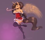  2019 anthro big_breasts breasts christmas clothing digital_media_(artwork) equid equine fan_character female hair hi_res holidays horn horse mammal my_little_pony nipples reaper3d simple_background smile solo tongue tongue_out wings 