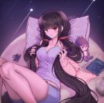  1girl bangs beige_jacket black_hair blunt_bangs book breasts c01a_(cola) collarbone commentary danganronpa eyebrows_visible_through_hair frown hair_ornament harukawa_maki highres long_hair looking_at_viewer low_twintails lying medium_breasts mole mole_under_eye momota_kaito new_danganronpa_v3 on_back phone pillow pink_pajamas pink_shorts red_eyes red_scrunchie scrunchie short_shorts shorts solo star_(sky) stuffed_toy twintails very_long_hair 