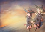  2girls blonde_hair broom broom_riding brown_hair couple diana_cavendish happy holding_hands kagari_atsuko little_witch_academia long_hair looking_at_another luna_nova_school_uniform multicolored_hair multiple_girls ocean riding school_uniform sky smile sunset usbfan water 