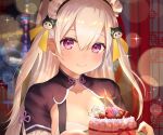  breasts cake chinese_clothes cleavage close cropped food fruit headdress hourei_tenten long_hair melty+ omelet_tomato purple_eyes strawberry white_hair 